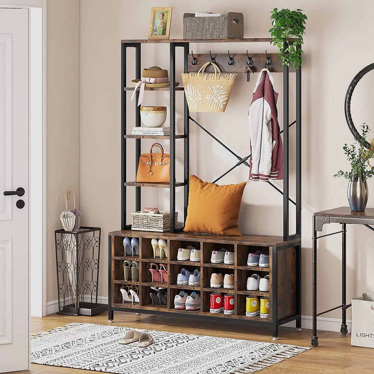 Industrial Hall Tree with Bench and Shoe Storage and Coat Rack X994