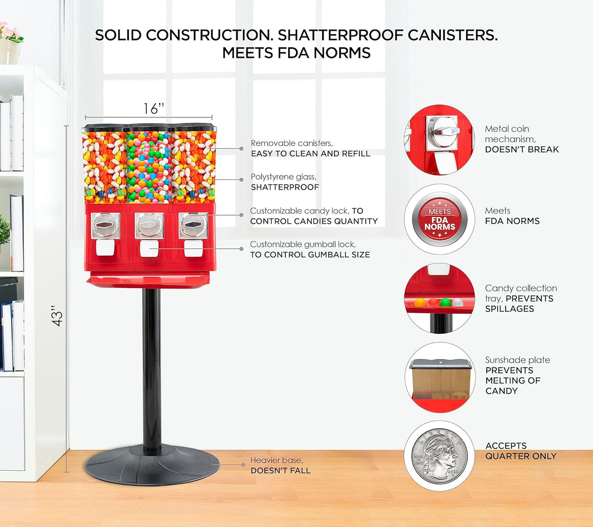 Triple Candy Vending Machine with 3 Removable Canisters and Quarter Coin Operated Anti-Theft Lock T73521