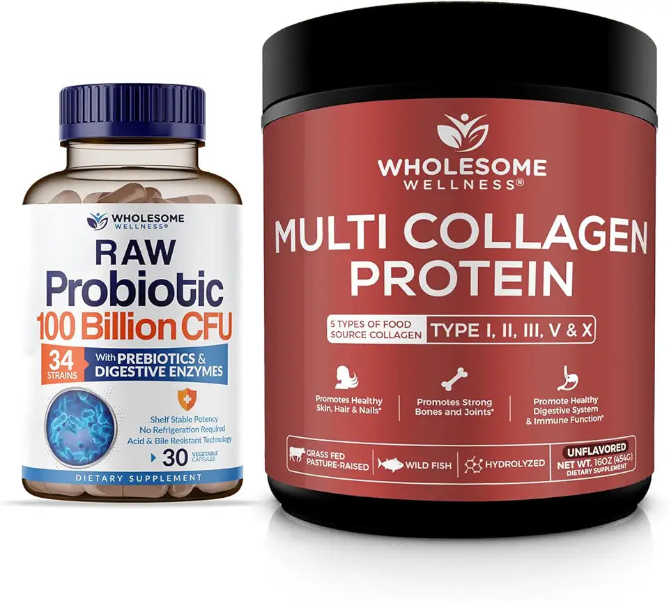 Organic Probiotics 100 Billion CFU and Multi Collagen Protein Powder Bundle V3688