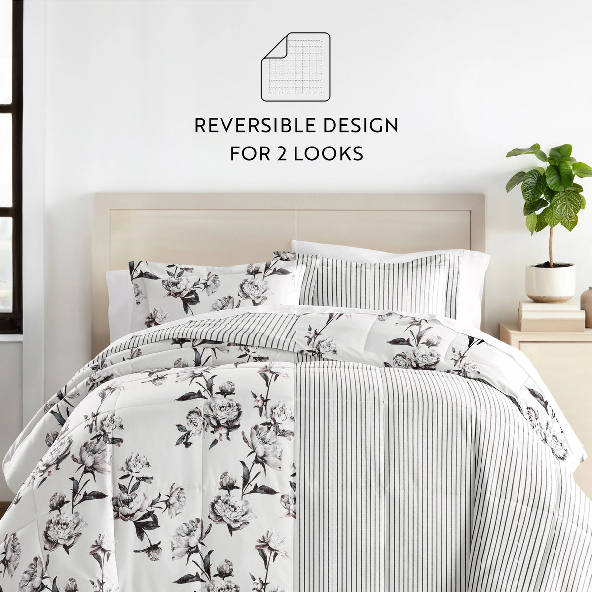 Vintage Magnolia Stripe Reversible Comforter Bed Set Queen Y543226