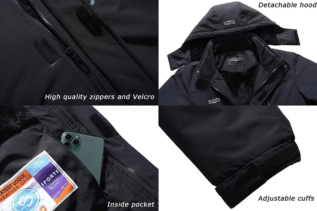 Men's Fleece Lined Winter Jacket Water Repellent Windbreaker Outdoor Warm Snow Coat with Detachable Hood L7776