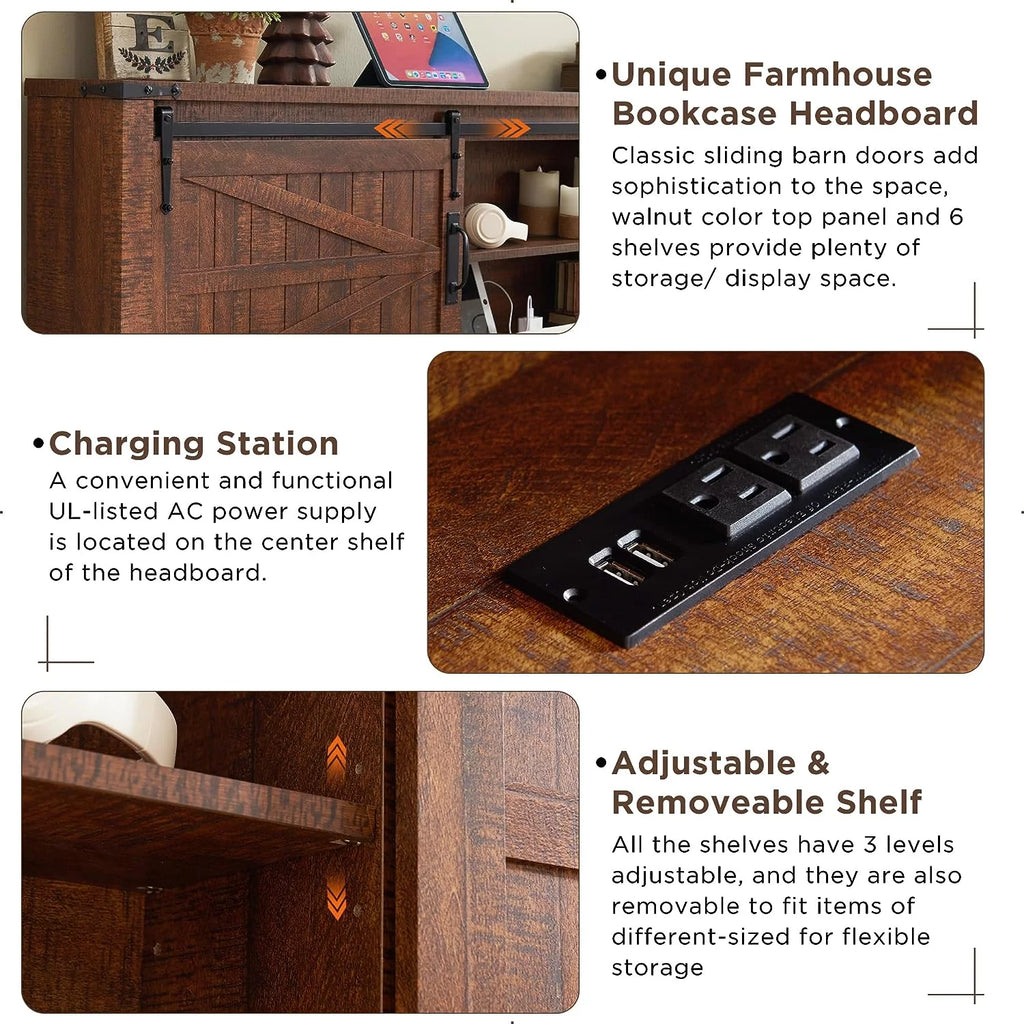 Full Platform Bed with Bookcase Headboard and Charging Station H82562