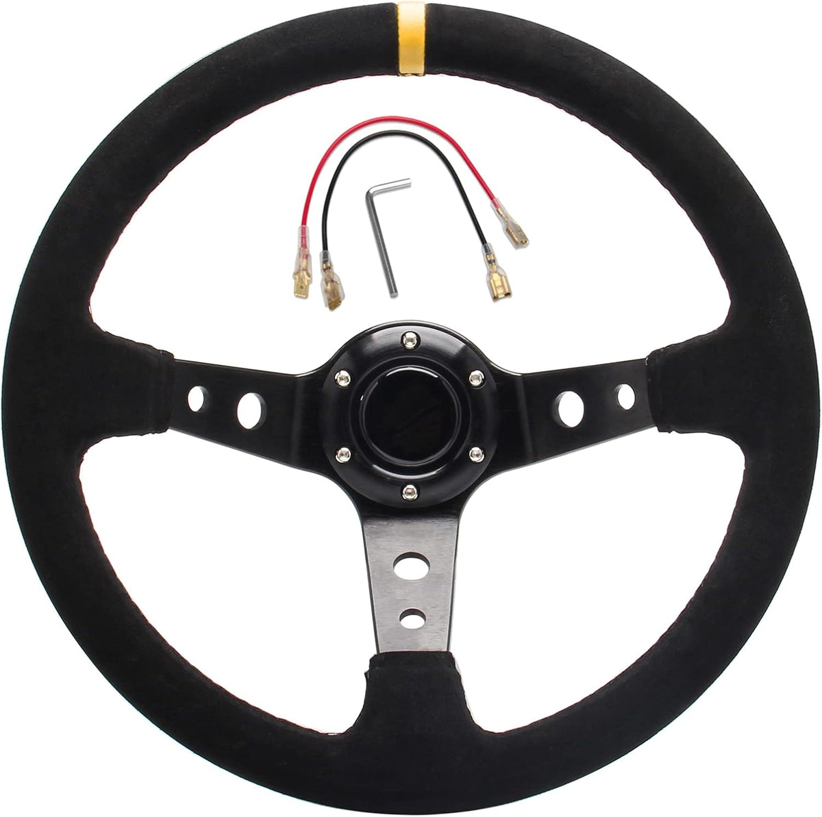 Universal Racing Steering Wheel Suede Deep Dish 350mm 6 Bolts with Horn Button B2468