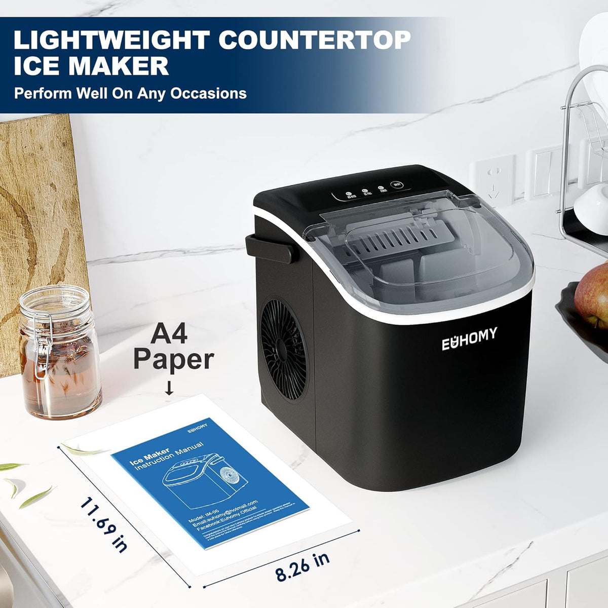 Black Countertop Ice Maker with 1.3lbs Basket and Scoop R6867