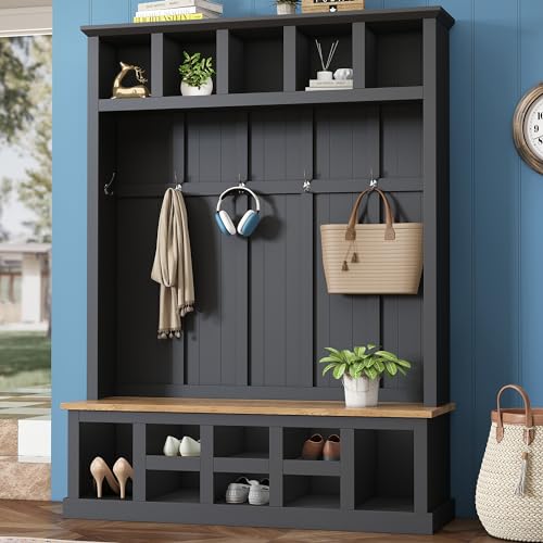 Black Wide Entryway Hall Tree with Storage Bench, Shoe Cabinet with Cube Storage, Coat Rack with 6 Hooks S7506