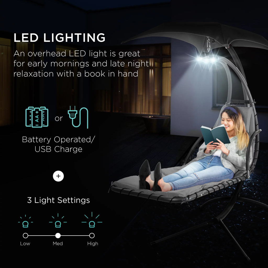 Hanging LED-Lit Curved Chaise Lounge Chair with Pillow, Canopy, Stand - Gray O90326