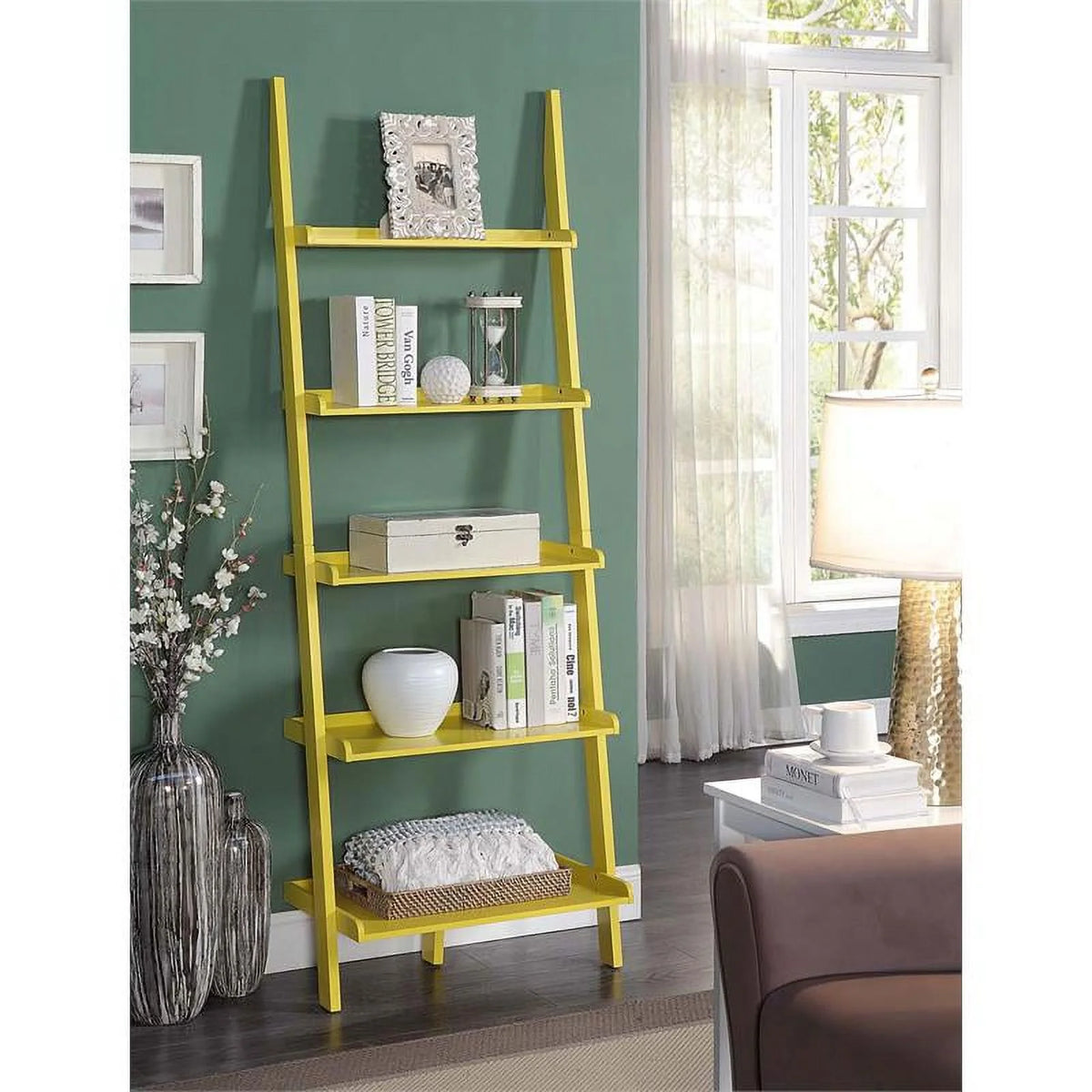 Bright Yellow Wood Five Tier Bookshelf Ladder A164