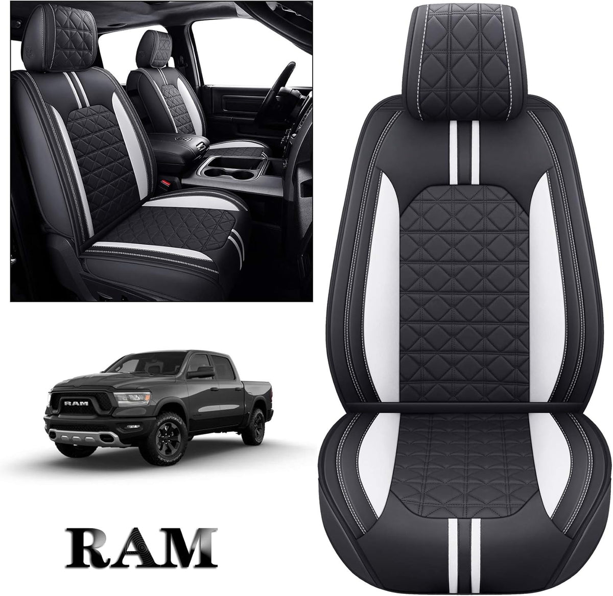 Black-White Waterproof Faux Leather Front Seat Covers V49799