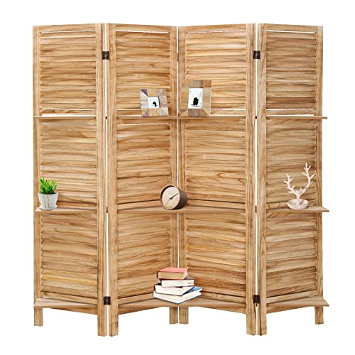 4 Panel Wooden Room Divider with Shelves (Deep Brown) Q65876