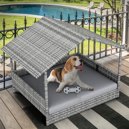 Large Wicker Dog House with Cushion and Canopy S611532