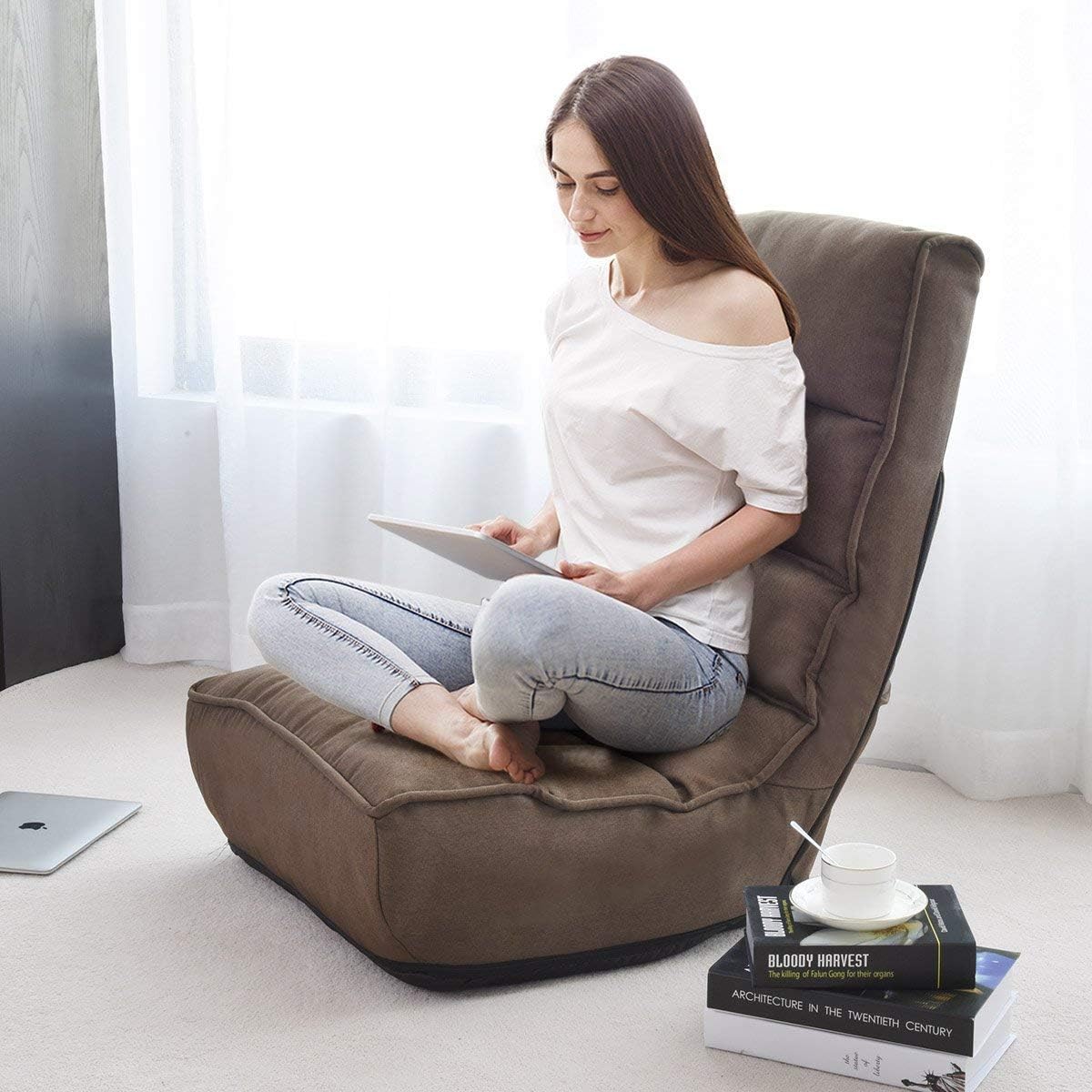 Brown Floor Chair Sleeper 4-Position Adjustable Angle Folding Lazy Sofa Cushioned Couch Lounger R887
