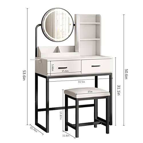 White Vanity Desk with Round Mirror and Lights, Brown and Black, 15.75 * 31.5 * 53.6in L54848