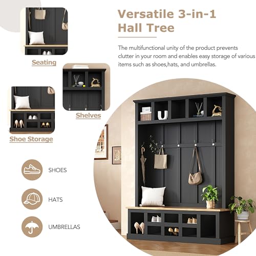 Black Wide Entryway Hall Tree with Storage Bench, Shoe Cabinet with Cube Storage, Coat Rack with 6 Hooks S7506