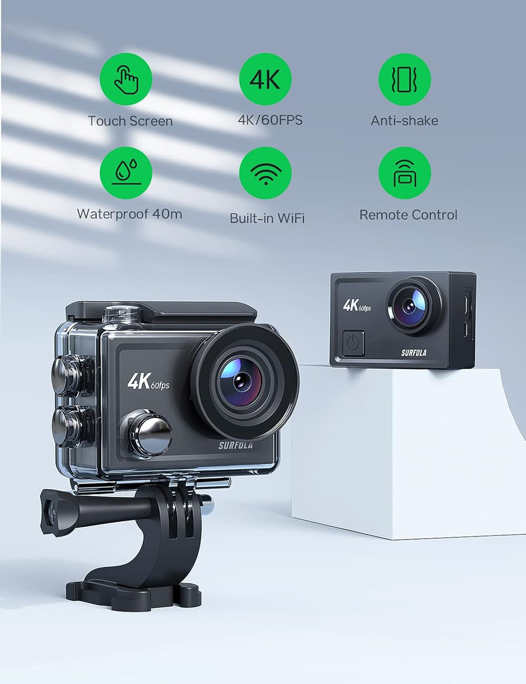 4K/60FPS Waterproof Action Camera with Touch Screen WiFi and 2X1350mAh Batteries X868739
