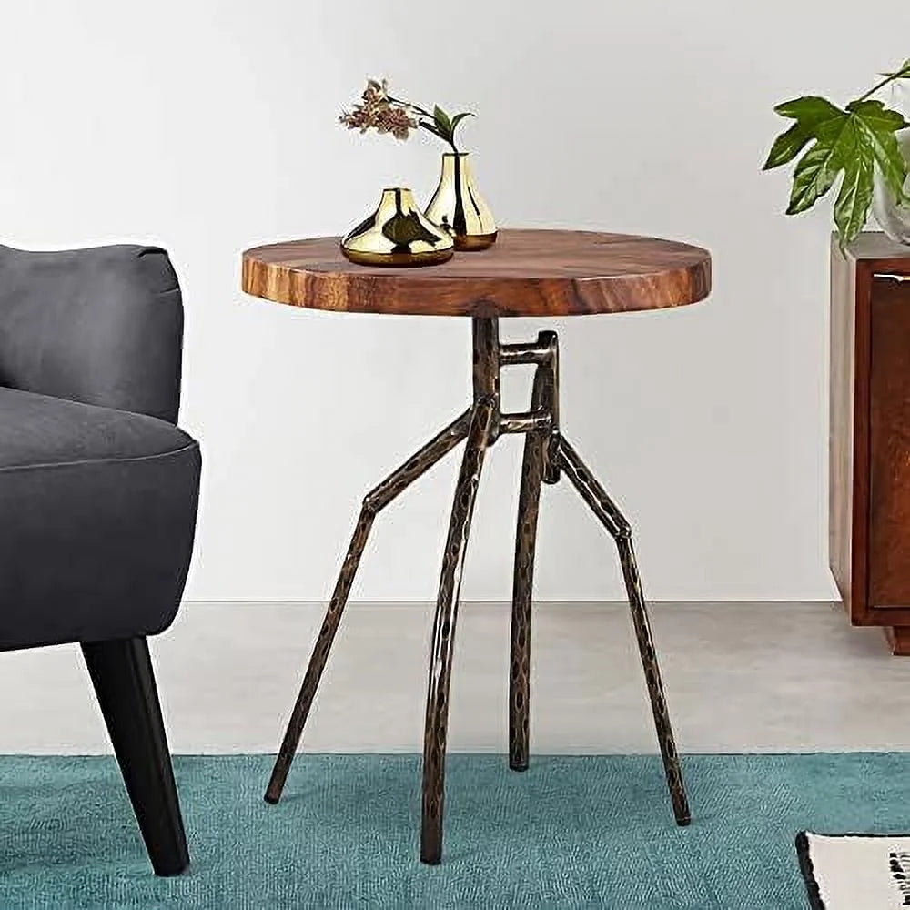 Solid Wood Round End Table with Metal Leg R151