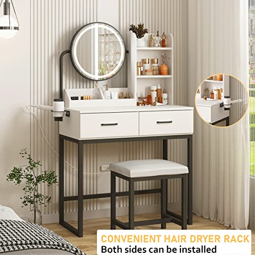 White Vanity Desk with Round Mirror and Lights, Brown and Black, 15.75 * 31.5 * 53.6in L54848