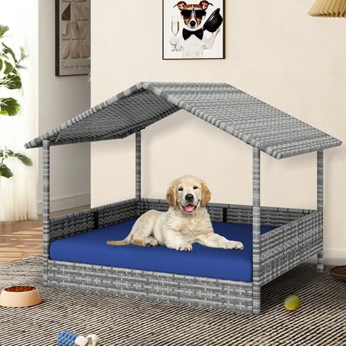 Large Wicker Dog House with Cushion and Canopy S611532