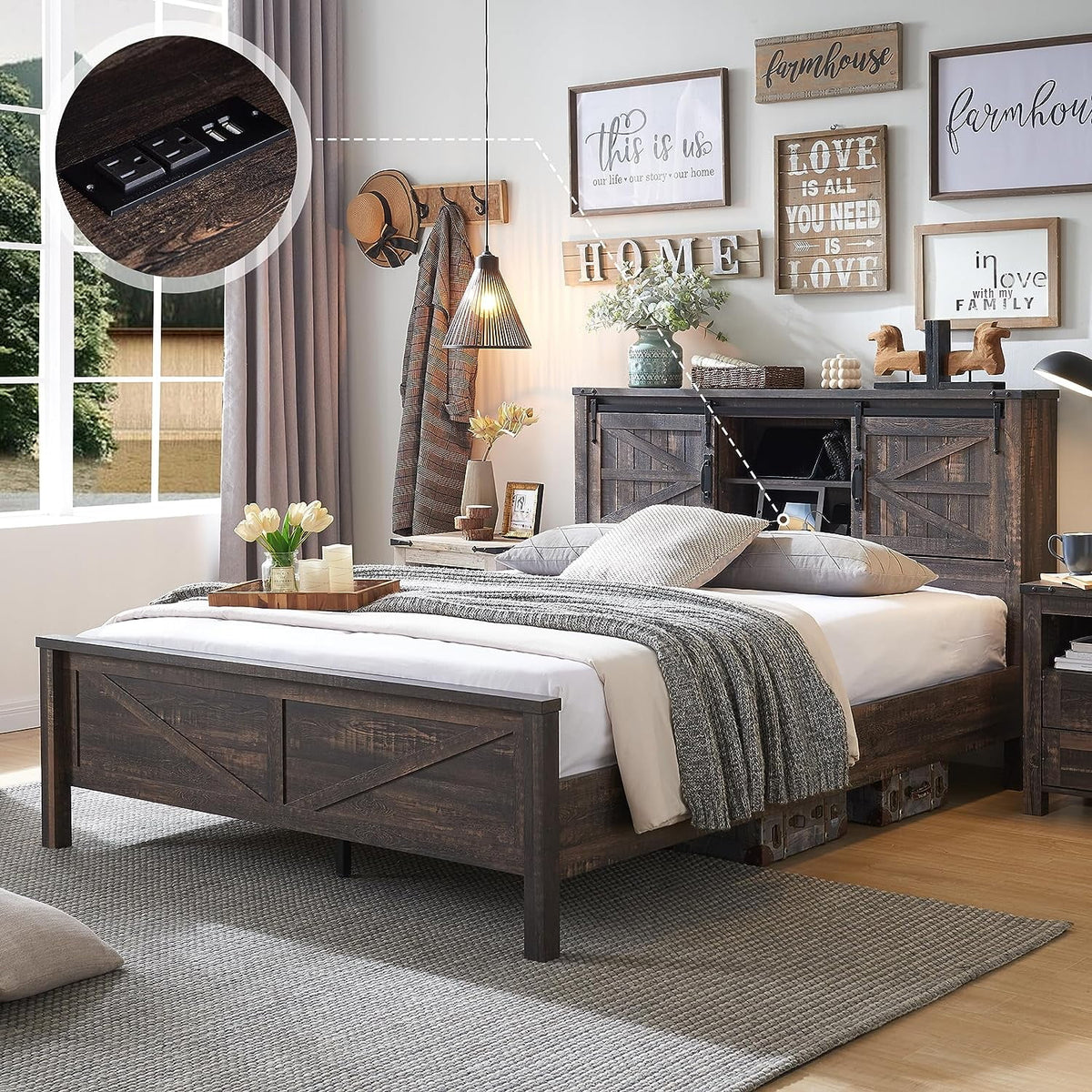 Full Platform Bed with Bookcase Headboard and Charging Station H82562