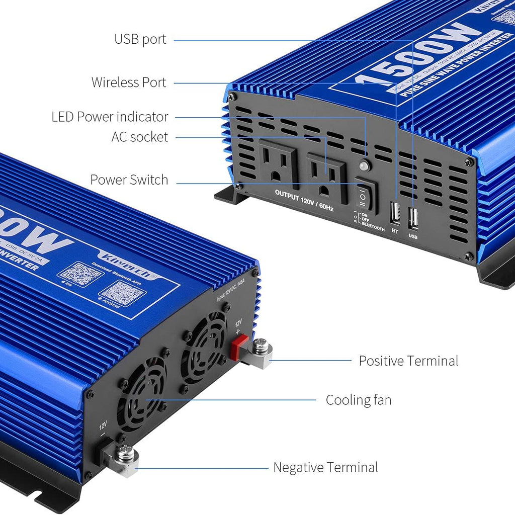 1500W Pure Sine Wave Power Inverter 12V DC to 110V AC with Bluetooth I488663