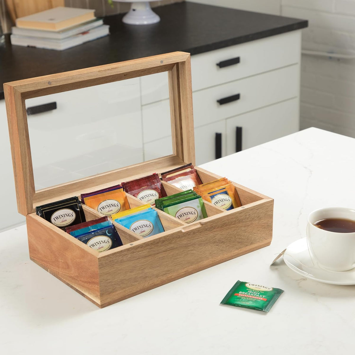 Acacia Wood Tea Bag Storage Box with Clear Acrylic Magnetic Lid B732