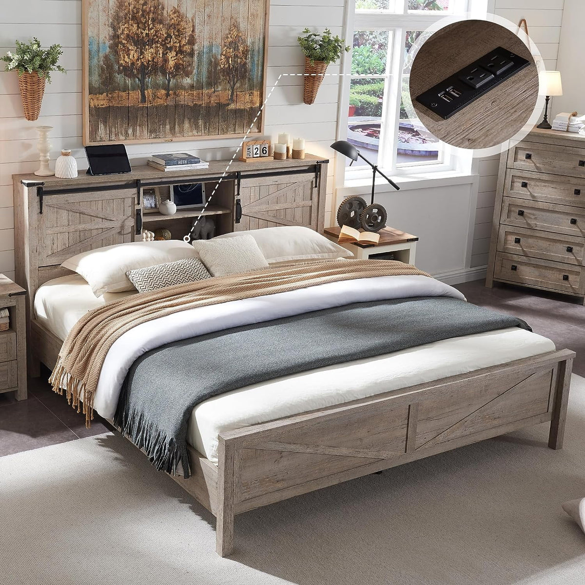 Full Platform Bed with Bookcase Headboard and Charging Station H82562