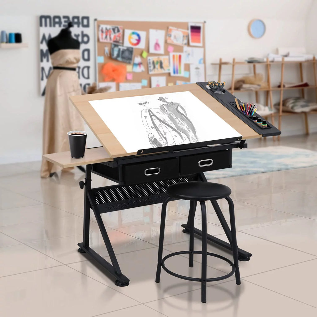 Height Adjustable Drafting Table with Stool and Storage Drawer A897240