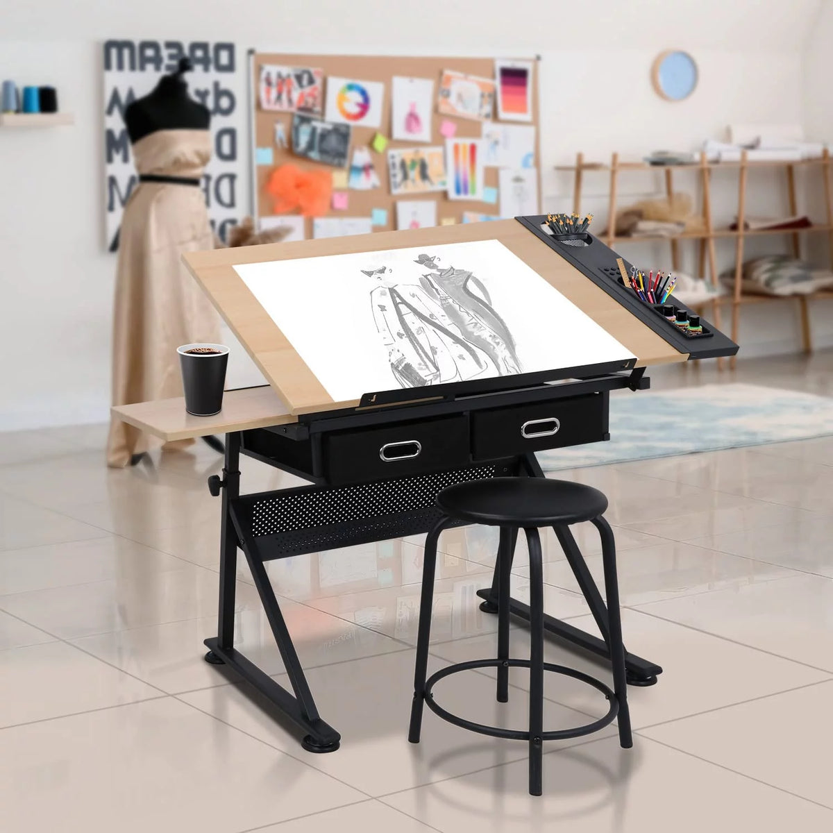 Height Adjustable Drafting Table with Stool and Storage Drawer A897240