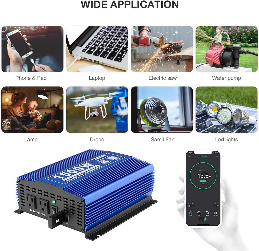 1500W Pure Sine Wave Power Inverter 12V DC to 110V AC with Bluetooth I488663