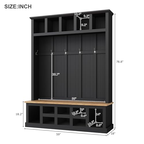 Black Wide Entryway Hall Tree with Storage Bench, Shoe Cabinet with Cube Storage, Coat Rack with 6 Hooks S7506