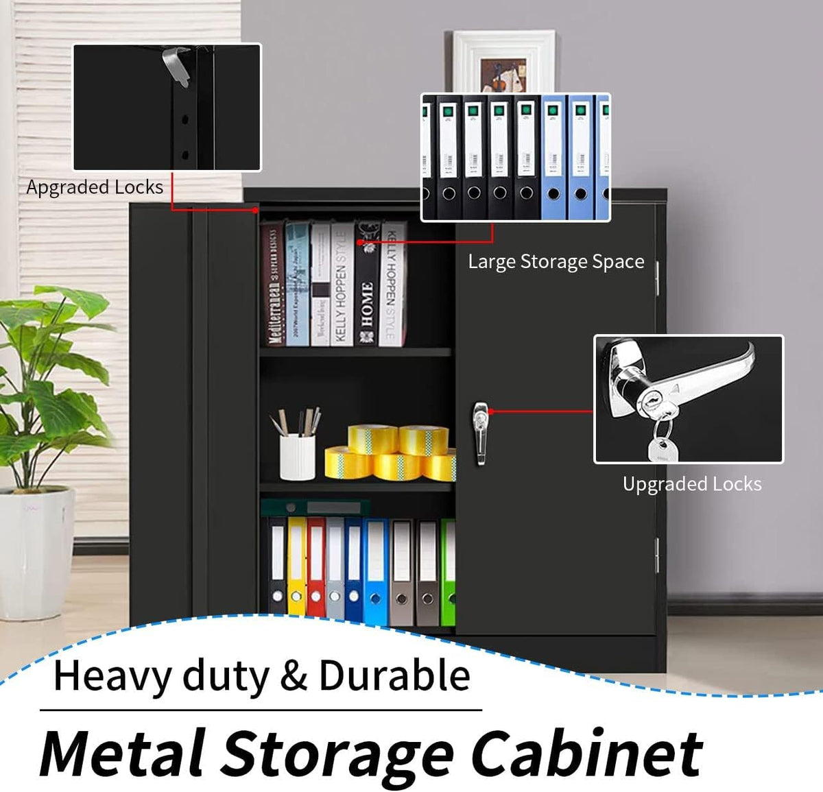 Black 42" Steel Storage Cabinet with 2 Adjustable Shelves and 2 Doors V88940