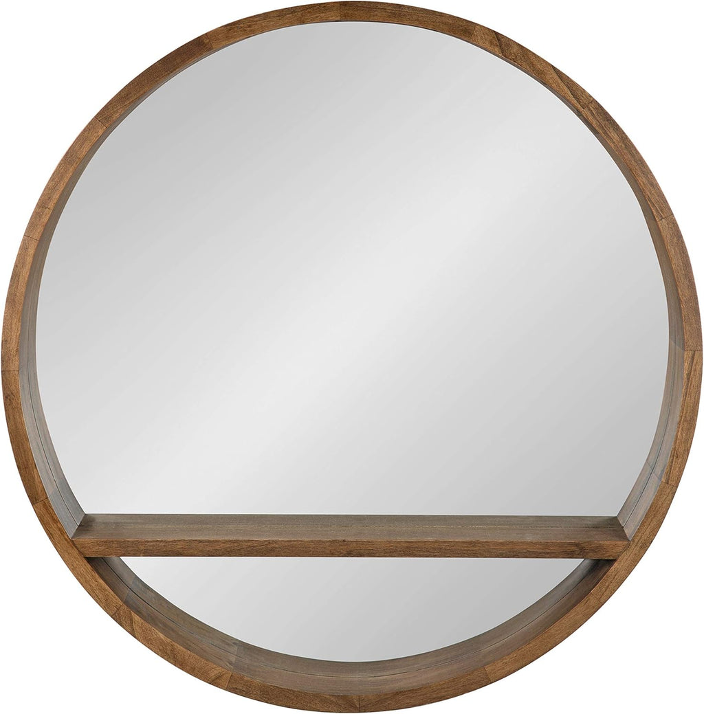 Round Mirror with Shelf, 30" Diameter, Rustic Brown Finish G802
