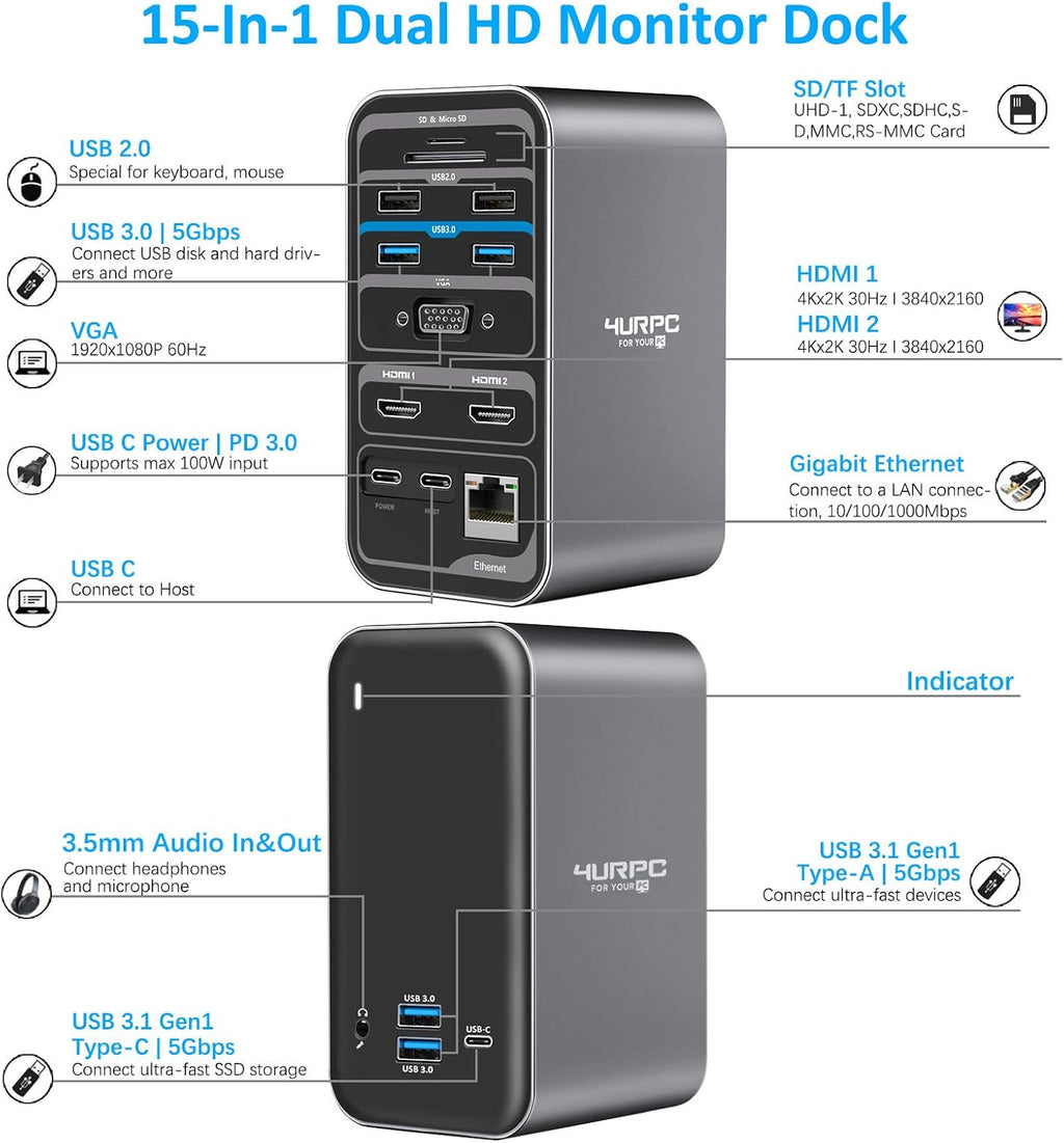 15-in-1 USB C Docking Station with Dual HDMI, VGA, USB, RJ45 F935