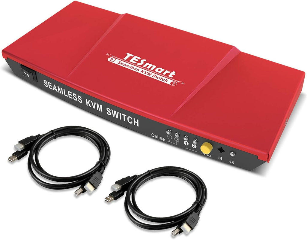 2 Port HDMI KVM Switch 2x1 USB 2.0 4K@60Hz with 2 Pcs 5ft KVM Cables Black T20539