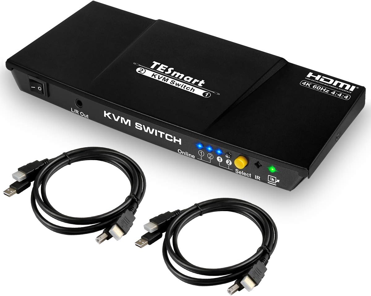 2 Port HDMI KVM Switch 2x1 USB 2.0 4K@60Hz with 2 Pcs 5ft KVM Cables Black T20539