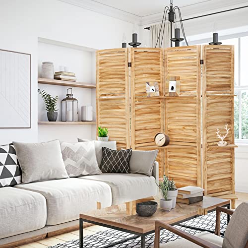 4 Panel Wooden Room Divider with Shelves (Deep Brown) Q65876