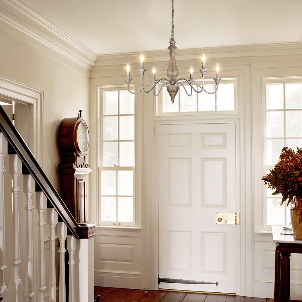 6 Light Rustic Candle Chandelier with Imitation Wood Finish V1514