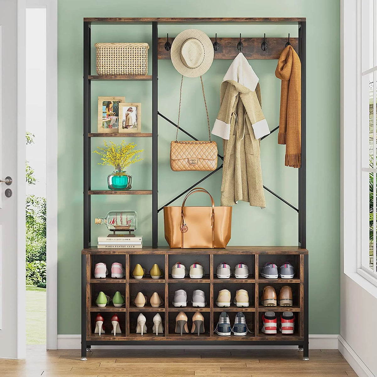 Industrial Hall Tree with Bench and Shoe Storage and Coat Rack X994