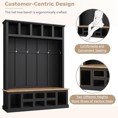 Black Wide Entryway Hall Tree with Storage Bench, Shoe Cabinet with Cube Storage, Coat Rack with 6 Hooks S7506