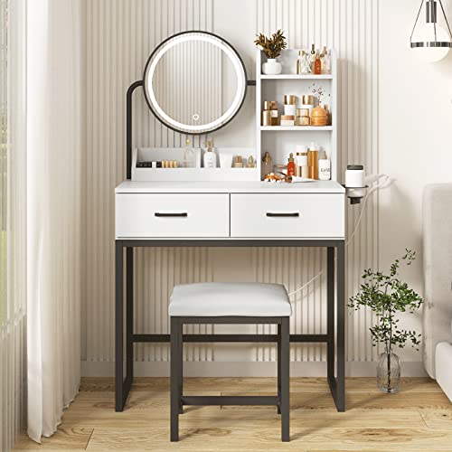 White Vanity Desk with Round Mirror and Lights, Brown and Black, 15.75 * 31.5 * 53.6in L54848