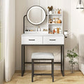 White Vanity Desk with Round Mirror and Lights, Brown and Black, 15.75 * 31.5 * 53.6in L54848