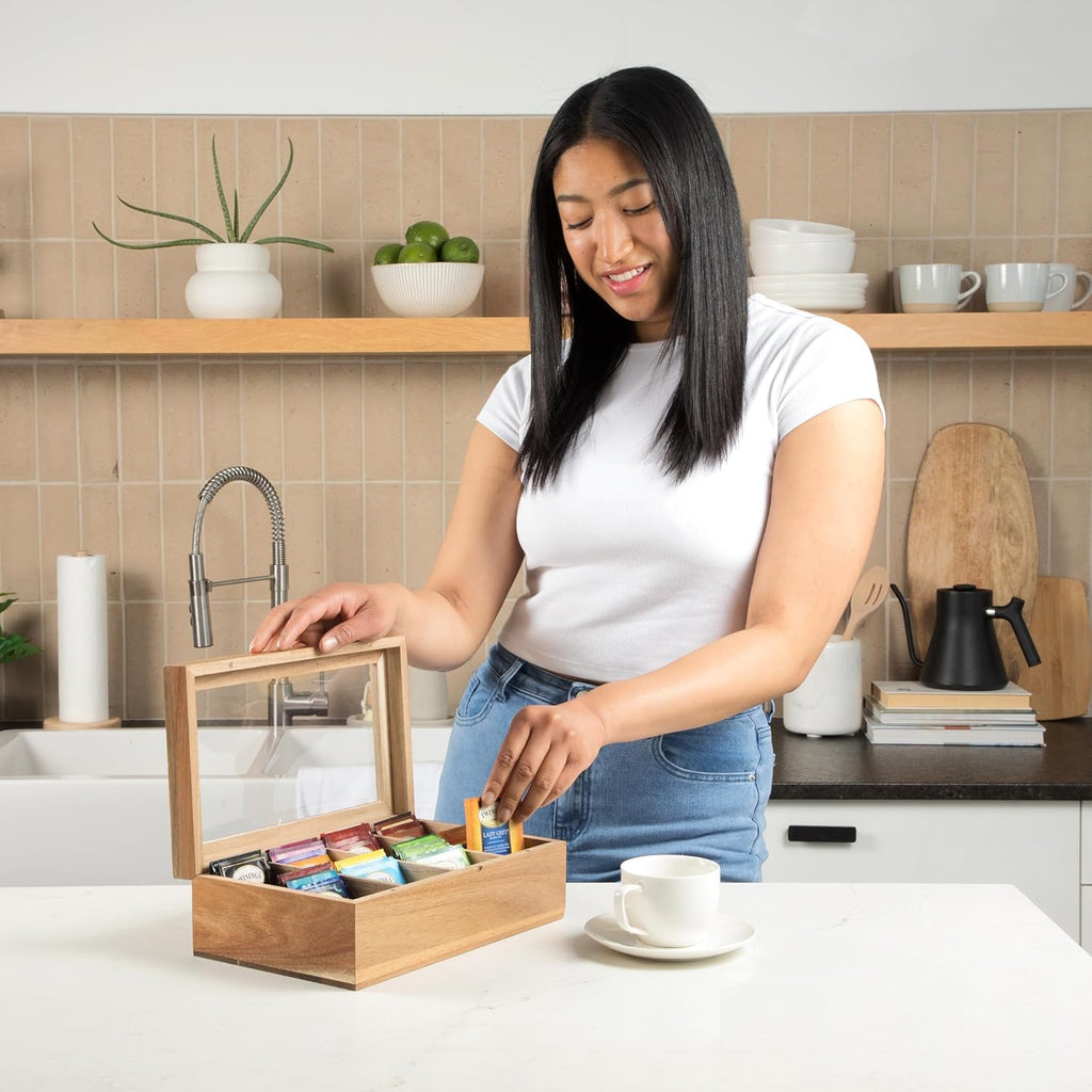 Acacia Wood Tea Bag Storage Box with Clear Acrylic Magnetic Lid B732