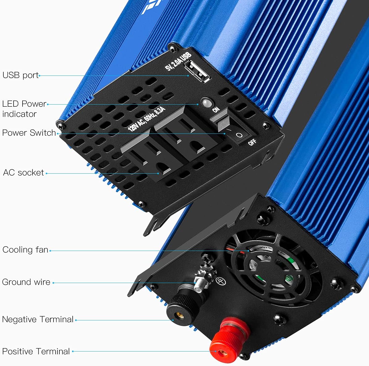 1500W Pure Sine Wave Power Inverter 12V DC to 110V AC with Bluetooth I488663