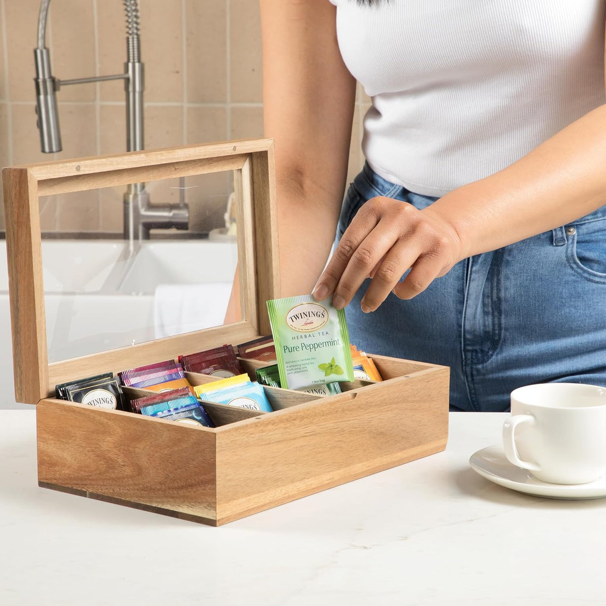Acacia Wood Tea Bag Storage Box with Clear Acrylic Magnetic Lid B732