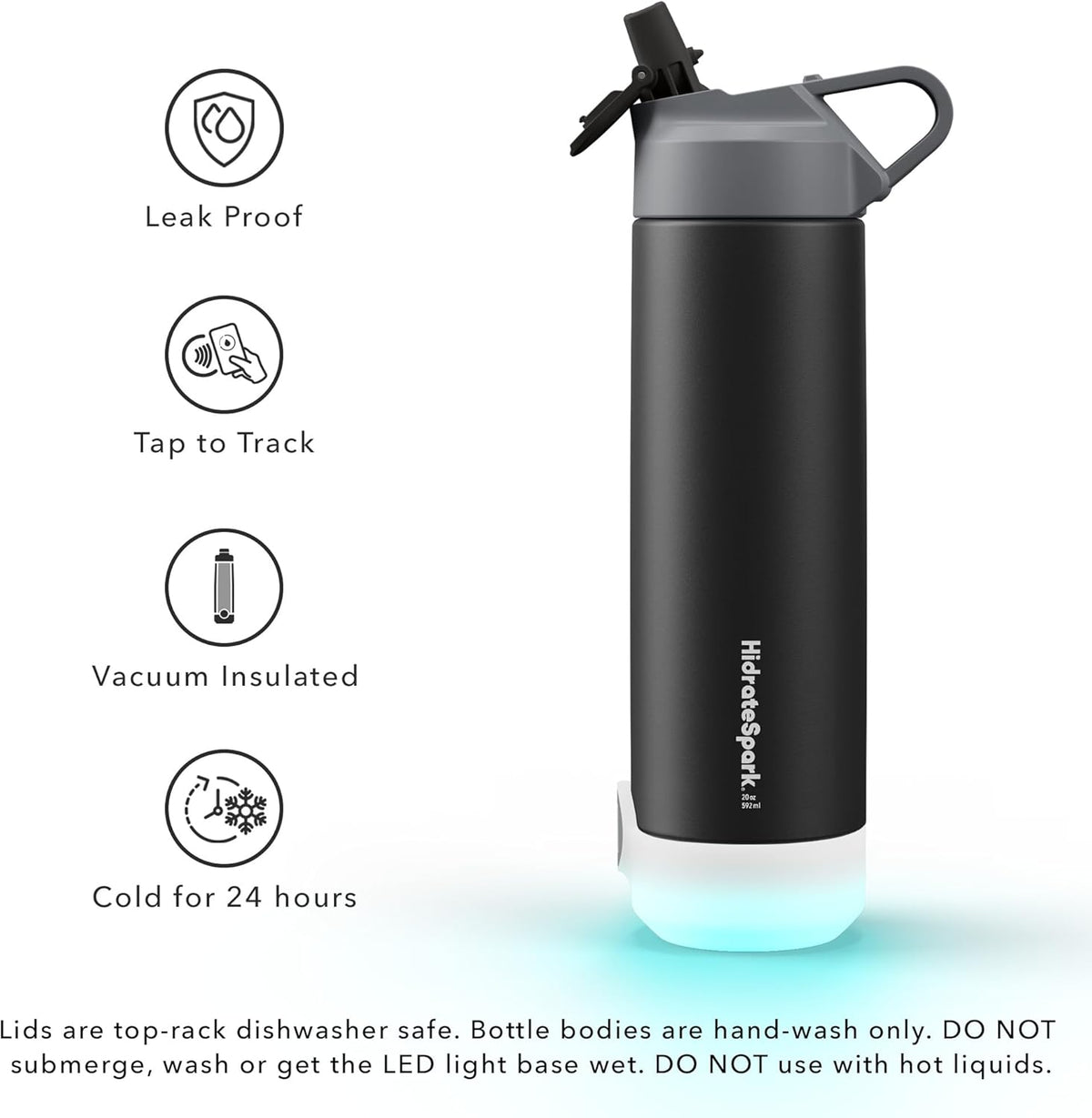 Insulated Stainless Steel Smart Water Bottle, 20 oz, Black W72615