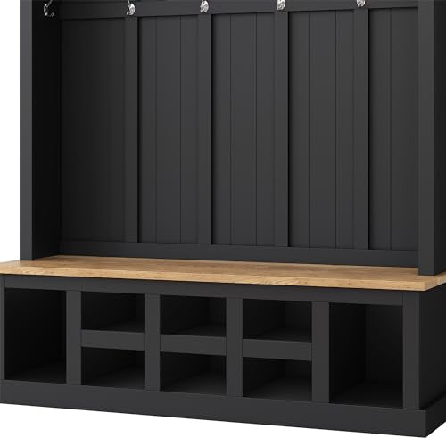 Black Wide Entryway Hall Tree with Storage Bench, Shoe Cabinet with Cube Storage, Coat Rack with 6 Hooks S7506