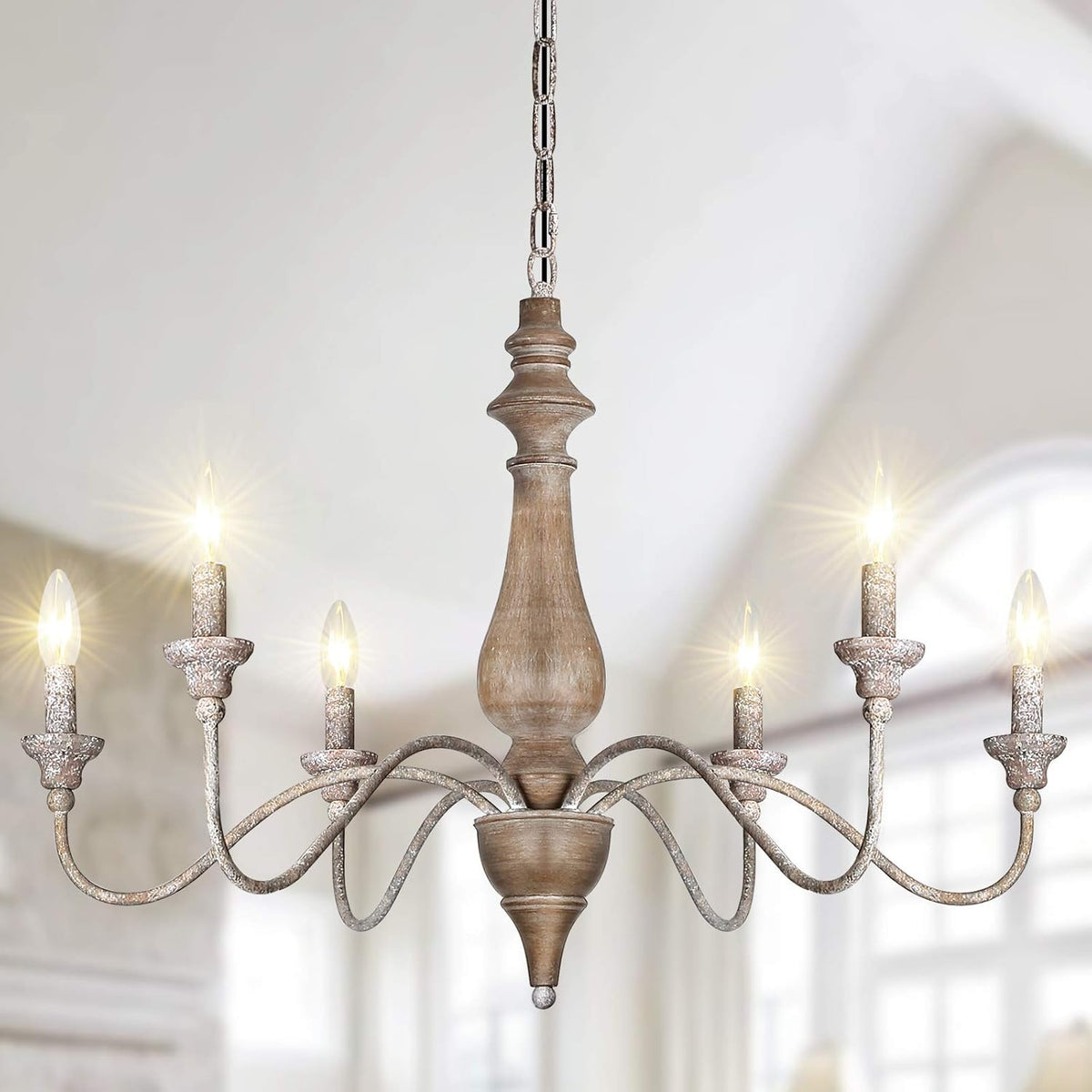 6 Light Rustic Candle Chandelier with Imitation Wood Finish V1514