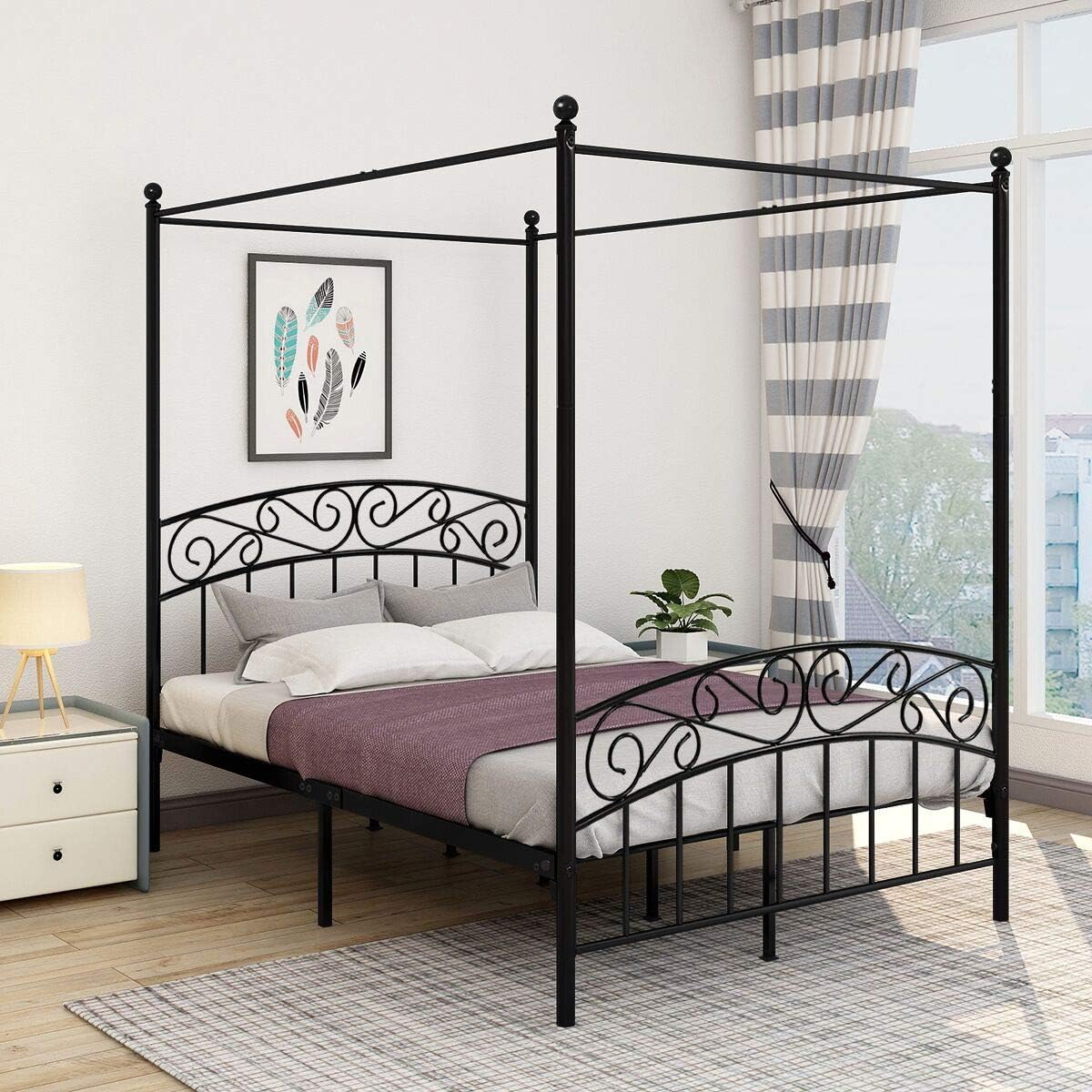 Queen Black Metal Canopy Bed Frame with Headboard & Footboard I5482