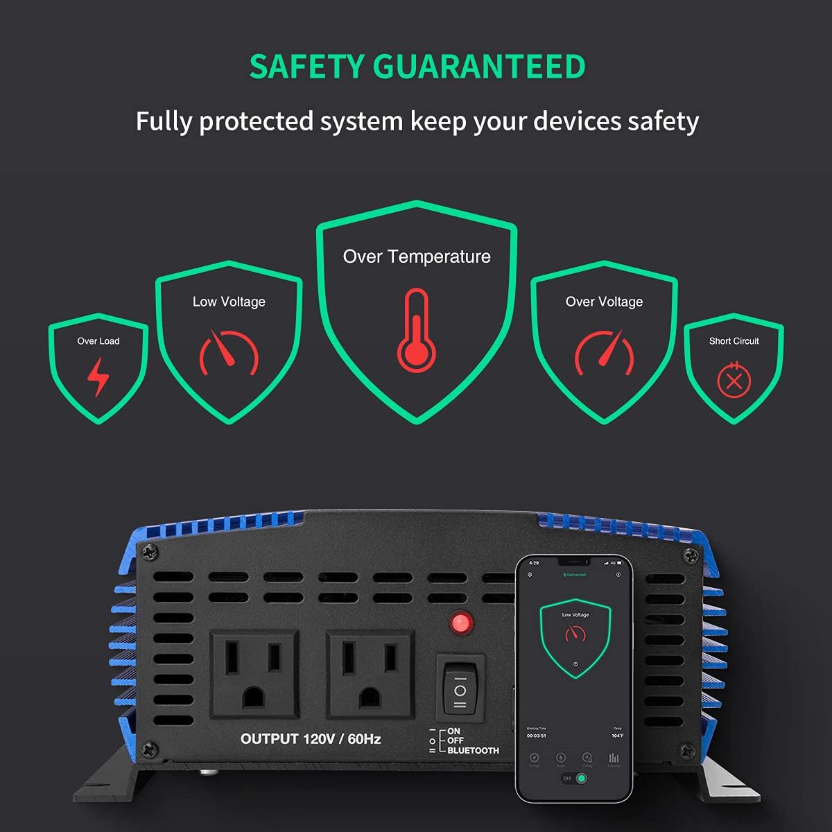 1500W Pure Sine Wave Power Inverter 12V DC to 110V AC with Bluetooth I488663