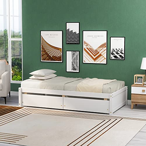White Twin Size Wooden Platform Bed with 2 Drawers Z972