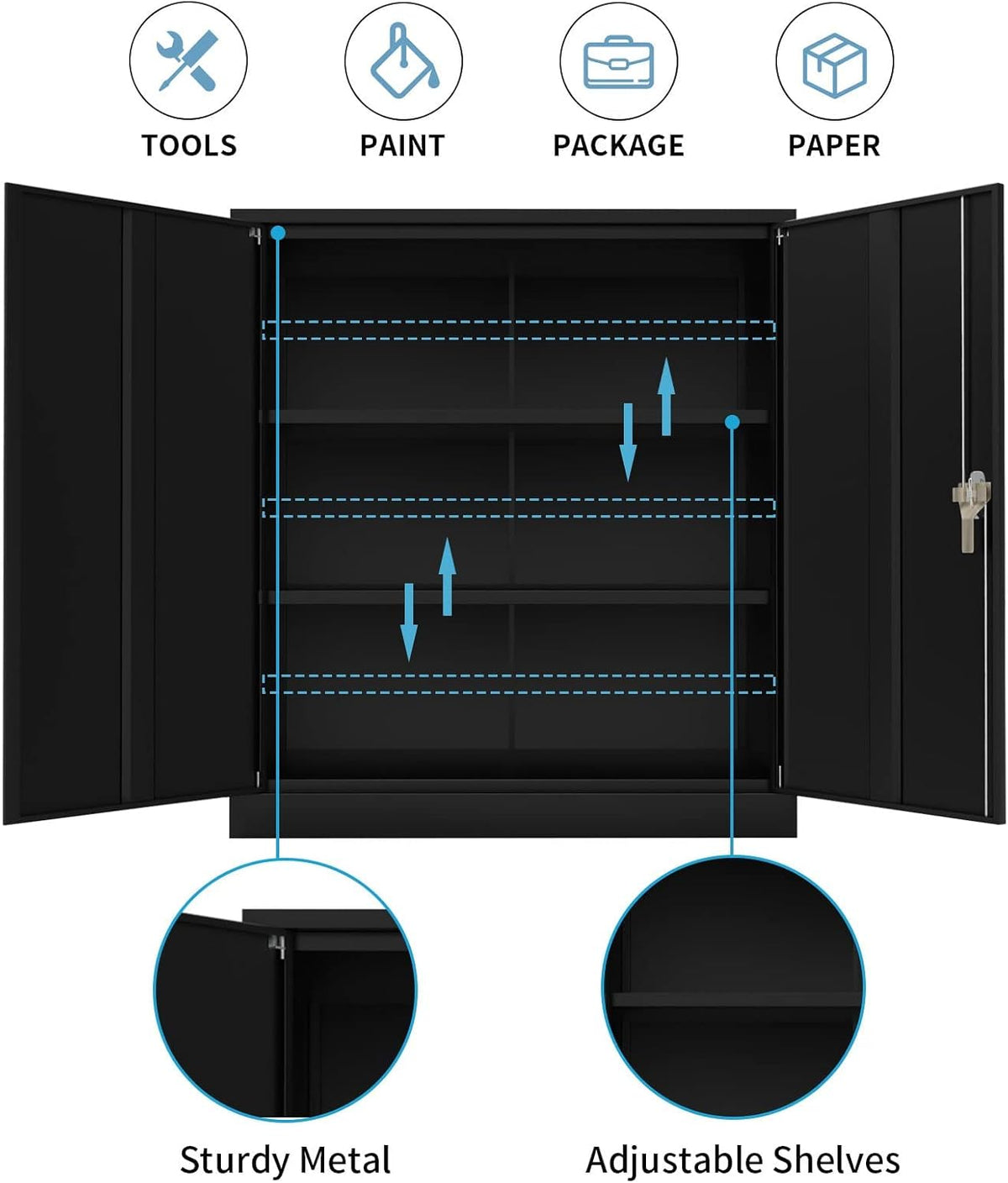 Black 42" Steel Storage Cabinet with 2 Adjustable Shelves and 2 Doors V88940